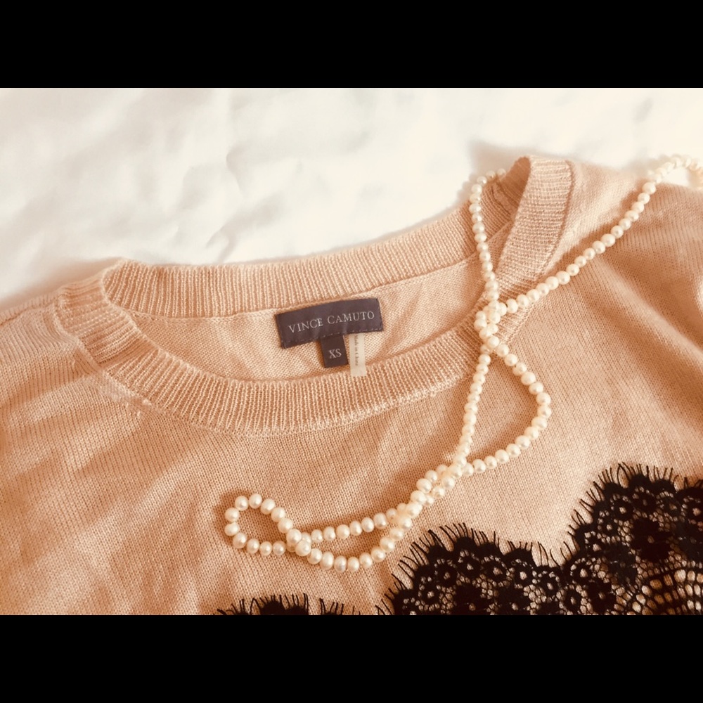 Vince Camuto pink brown lace sweater NWOT